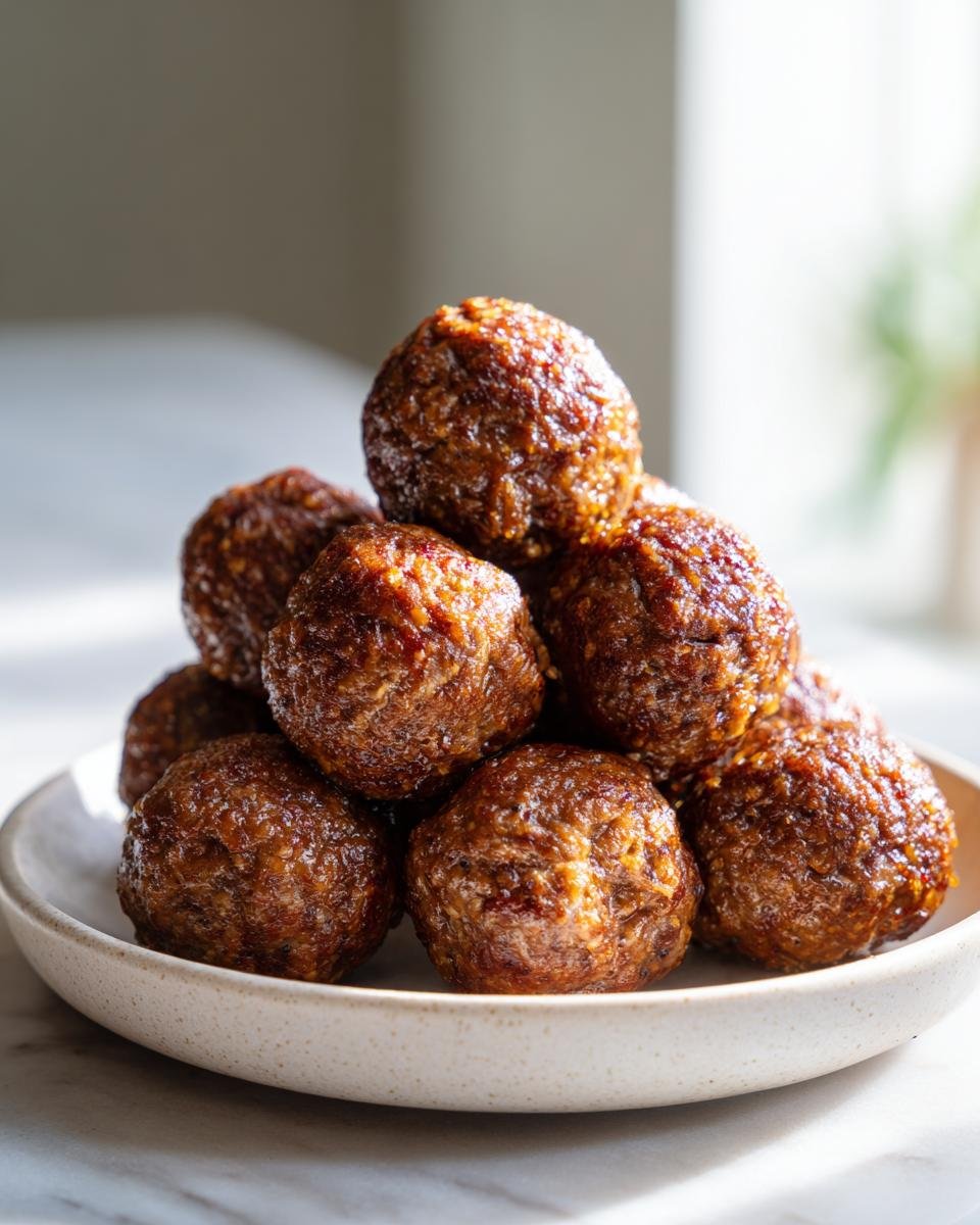 A stack of perfectly browned, glazed meatballs piled high on a speckled ceramic plate.