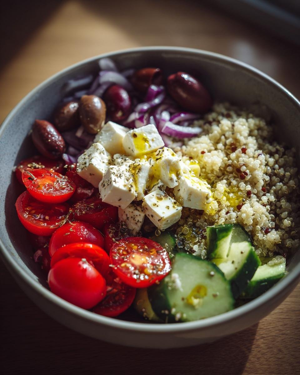 Close-up of a colorful Mediterranean Bowl featuring quinoa, feta cheese, cherry tomatoes, cucumber, olives, and red onion.