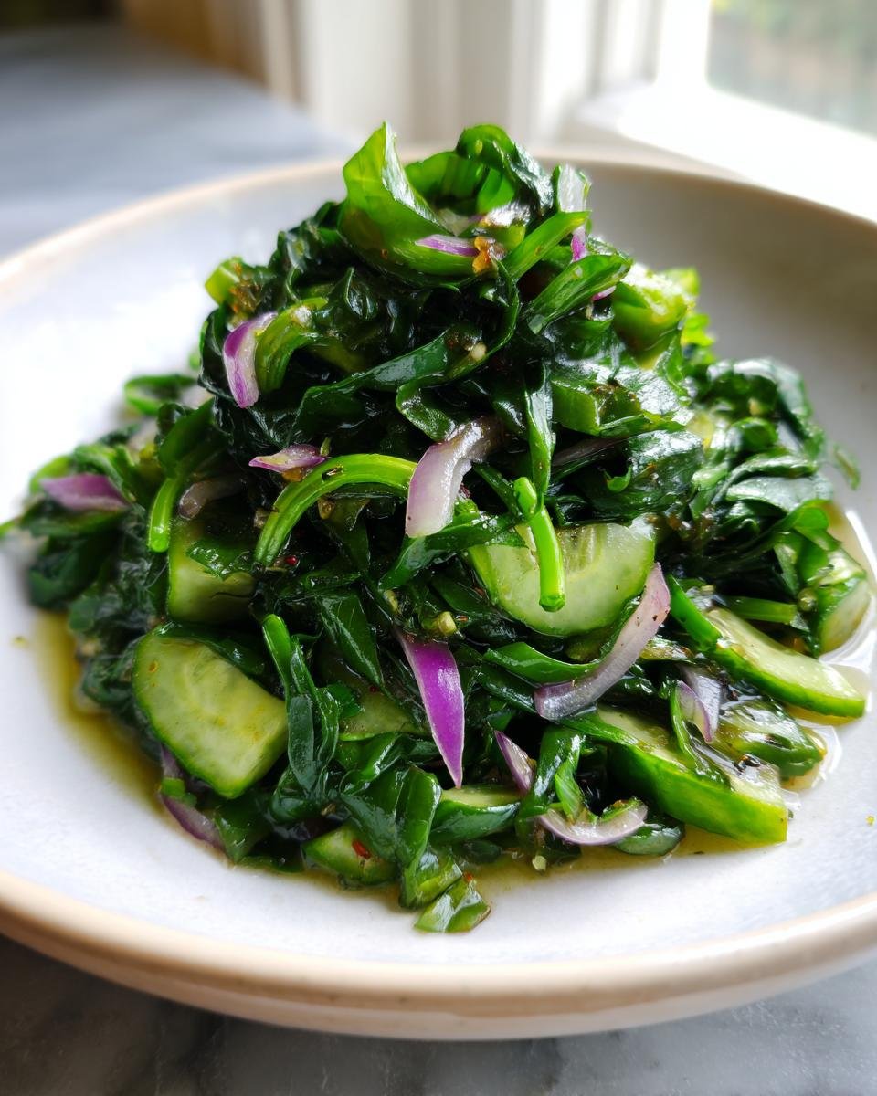Close-up of a vibrant, quick Purslane Recipes salad featuring wilted greens, sliced cucumber, and bright purple red onion.