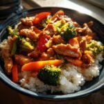 Close-up of a delicious rice bowl recipe featuring glazed chicken, bright broccoli, carrots, and red peppers over white rice.