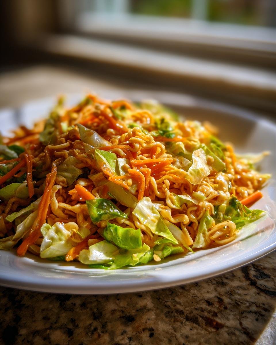 A close-up of a vibrant Ramen Noodle Asian Salad featuring crunchy noodles, shredded carrots, and green cabbage.