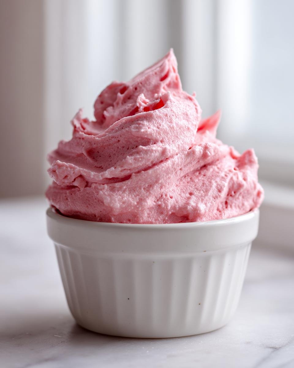Close-up of light, airy pink Raspberry Mousse piped high in a small white ramekin.
