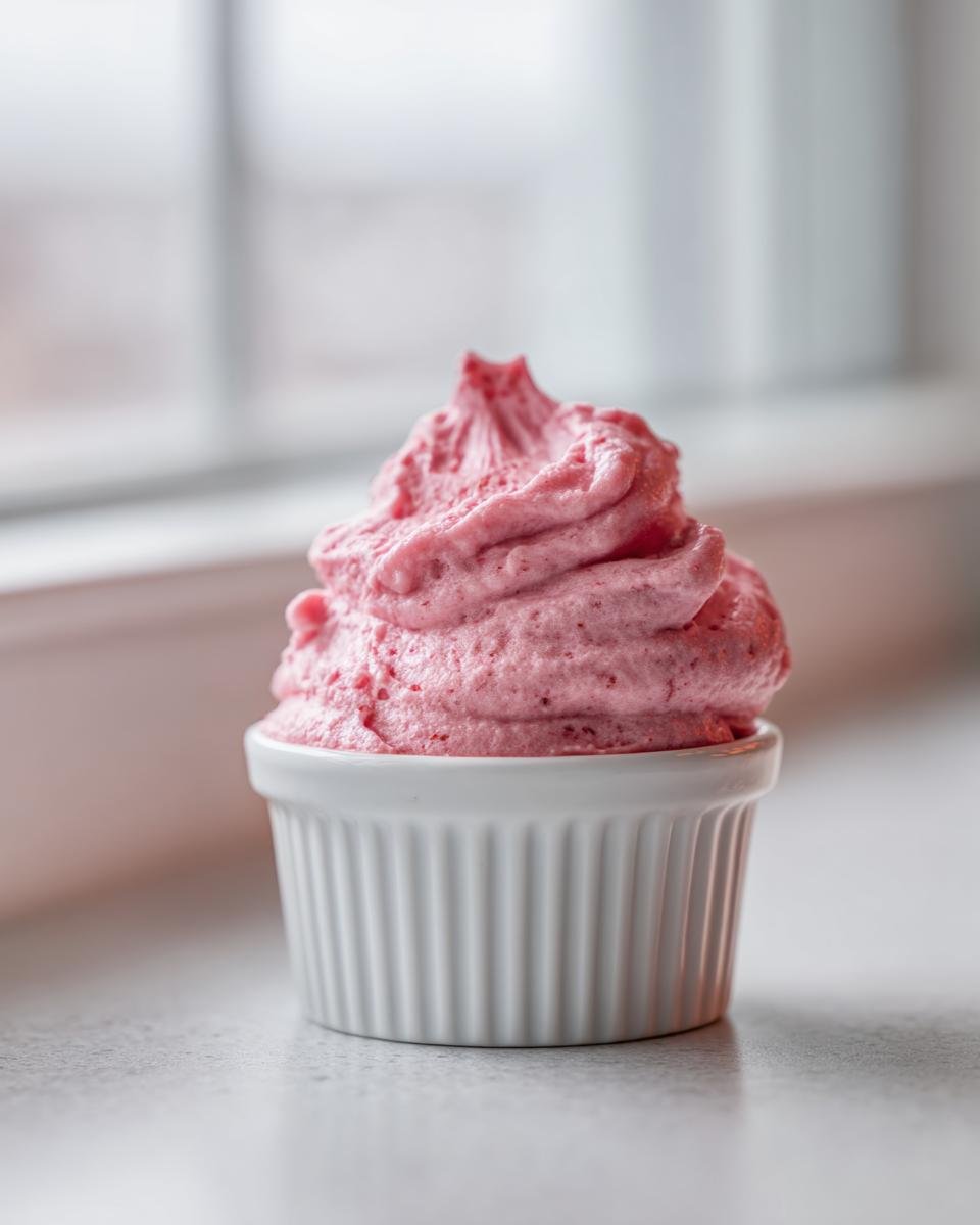 A single serving of bright pink, airy Raspberry Mousse piped high in a white, fluted ramekin.
