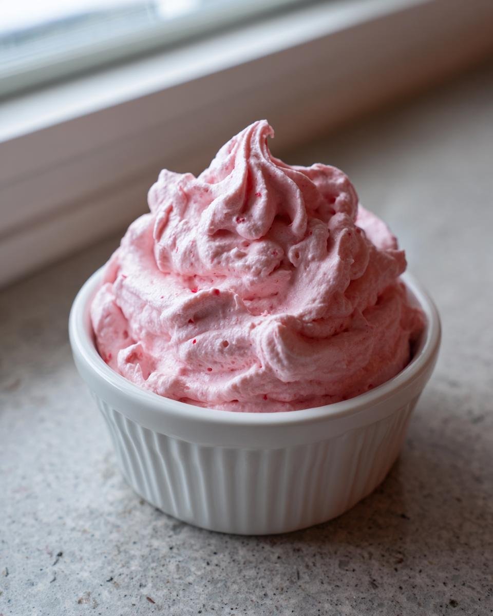 A serving of light pink, fluffy Raspberry Mousse piped high in a white ceramic ramekin.