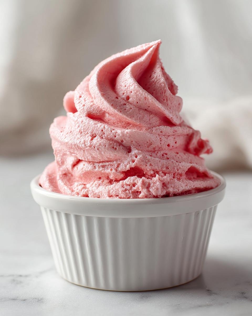 A perfect swirl of light pink Raspberry Mousse piped into a small white ramekin.