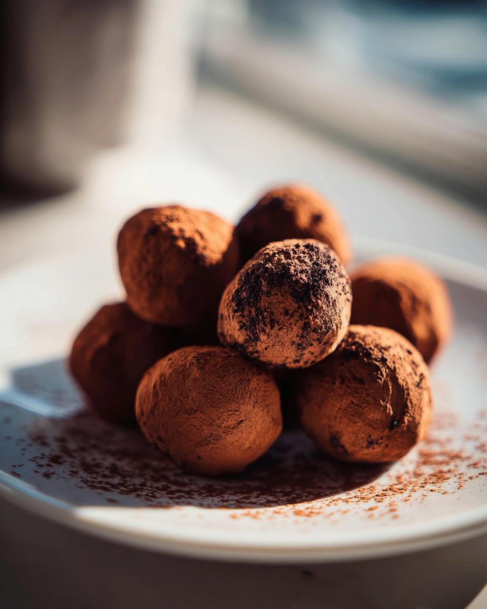 A small pile of rich, cocoa-dusted Raspberry Truffles resting on a white plate.