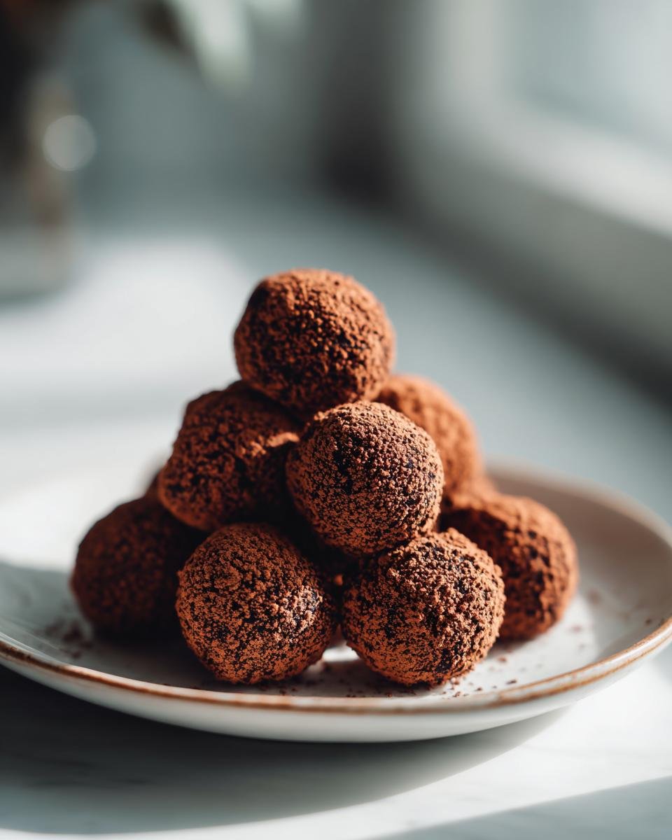 A tempting pile of rich, dark chocolate Raspberry Truffles heavily dusted with cocoa powder on a small plate.