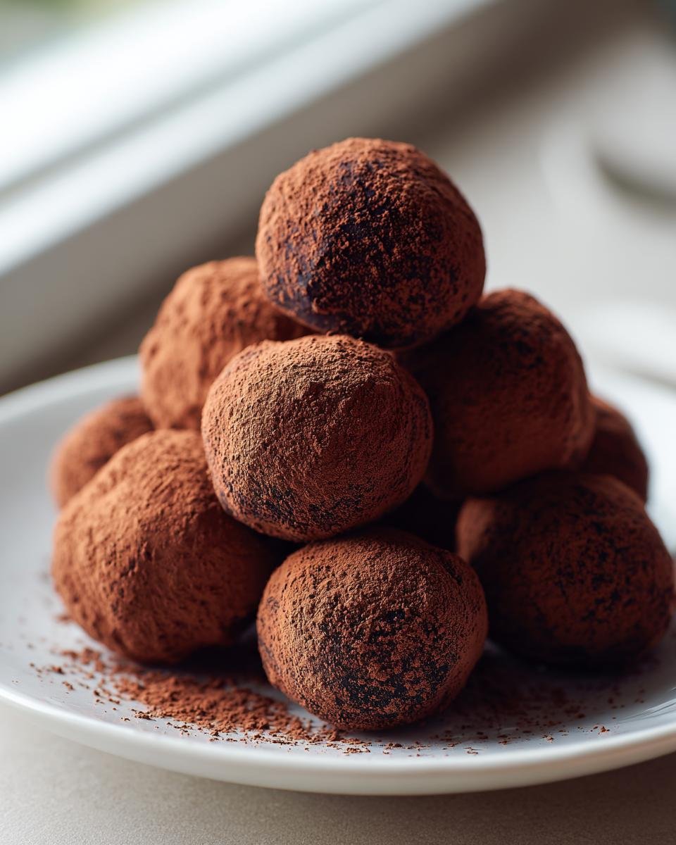A close-up stack of dark, rich Raspberry Truffles heavily dusted with cocoa powder on a white plate.