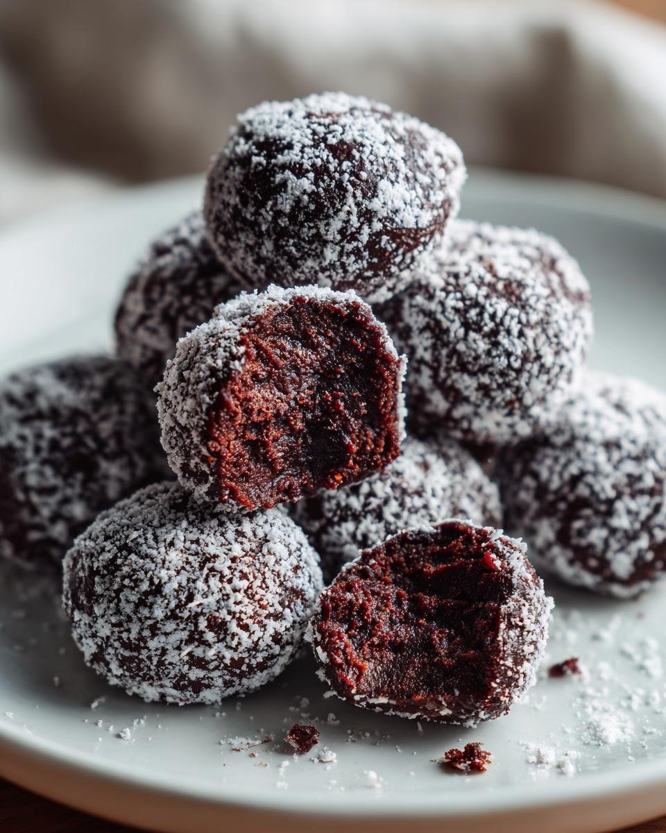 A stack of rich, dark Brownie Truffles coated in powdered sugar or coconut, with one cut in half showing the dense interior.
