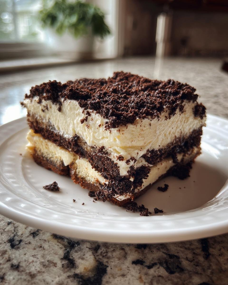 A close-up of a decadent slice of Robert Redford Dessert featuring dark chocolate layers and thick white cream filling.