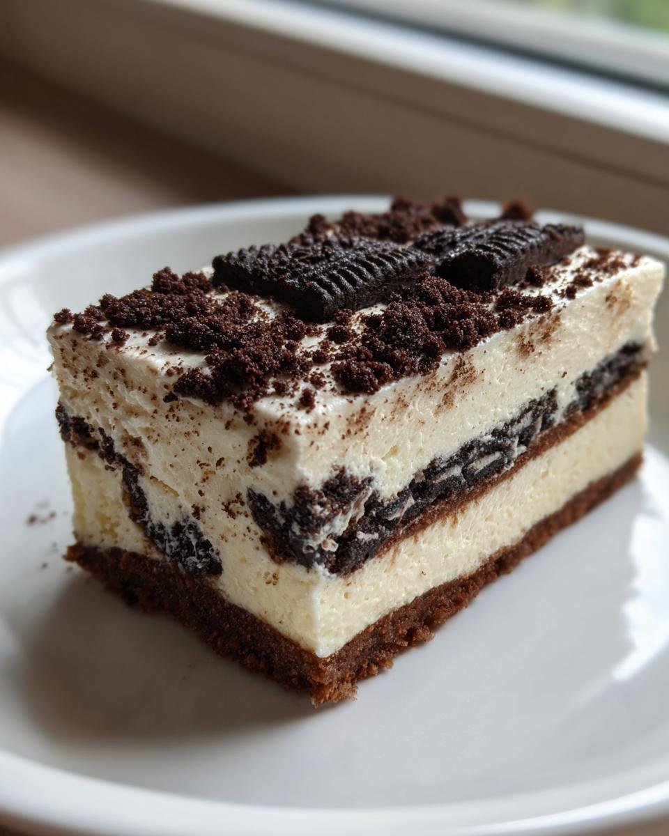 A rectangular slice of the Robert Redford Dessert featuring creamy layers and a dark chocolate cookie crust, topped with crumbs.