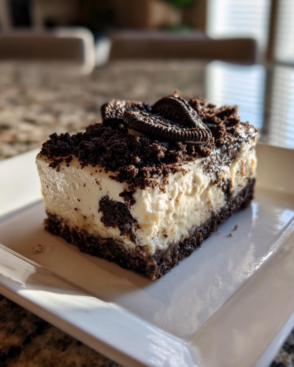 A rich slice of Robert Redford Dessert featuring a creamy filling and dark chocolate cookie crust, topped with crumbs and whole cookies.