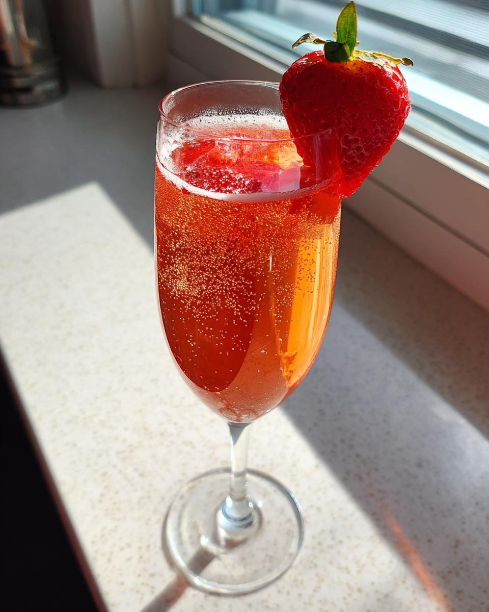 A tall flute glass filled with a bubbly, reddish-orange Rossini Cocktail, garnished with a fresh strawberry.