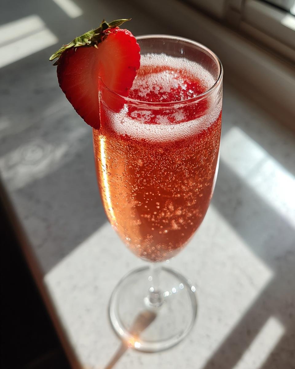A tall flute glass filled with a bubbly, pink Rossini Cocktail, garnished with a fresh strawberry slice.