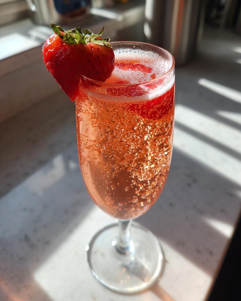 A flute glass filled with a bubbly, pink Rossini Cocktail garnished with a fresh strawberry.