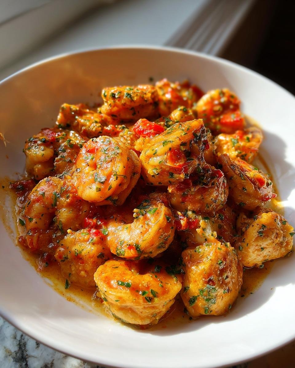 Close-up of succulent shrimp coated in a rich, buttery sauce with herbs, perfect for Chicken And Shrimp Recipes.