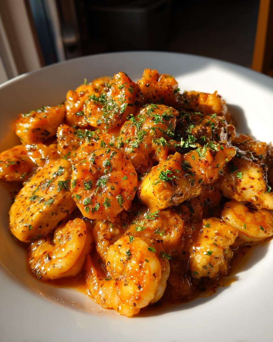 Close-up of a white bowl filled with saucy shrimp and chicken pieces, garnished with parsley, perfect for Chicken And Shrimp Recipes.