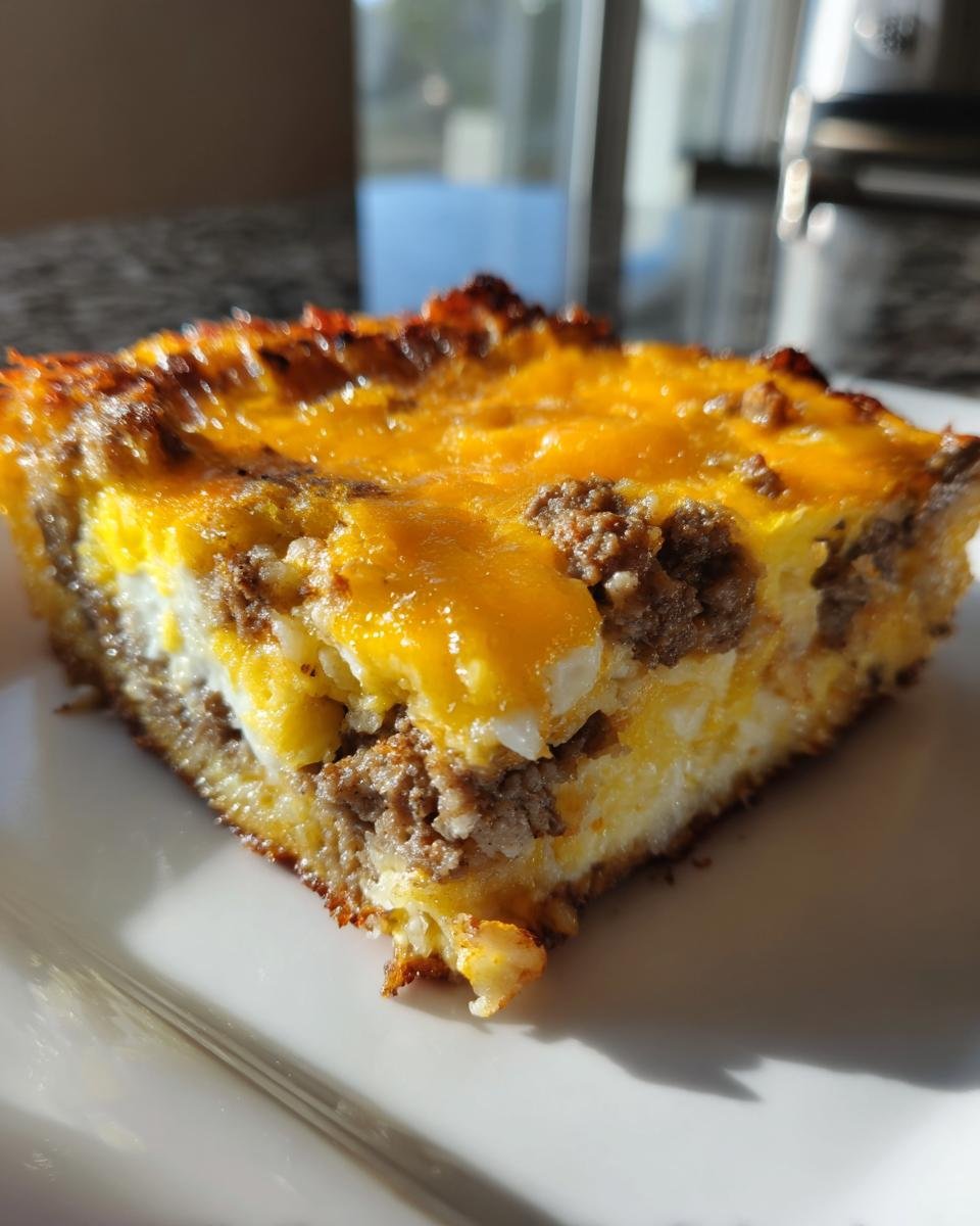 Close-up of a square slice of Sausage Hashbrown Breakfast Casserole with melted cheese topping.