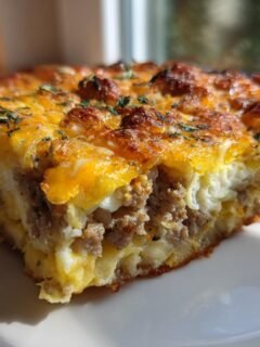 A close-up slice of Sausage Hashbrown Breakfast Casserole featuring layers of sausage, eggs, and a melted, browned cheese topping.