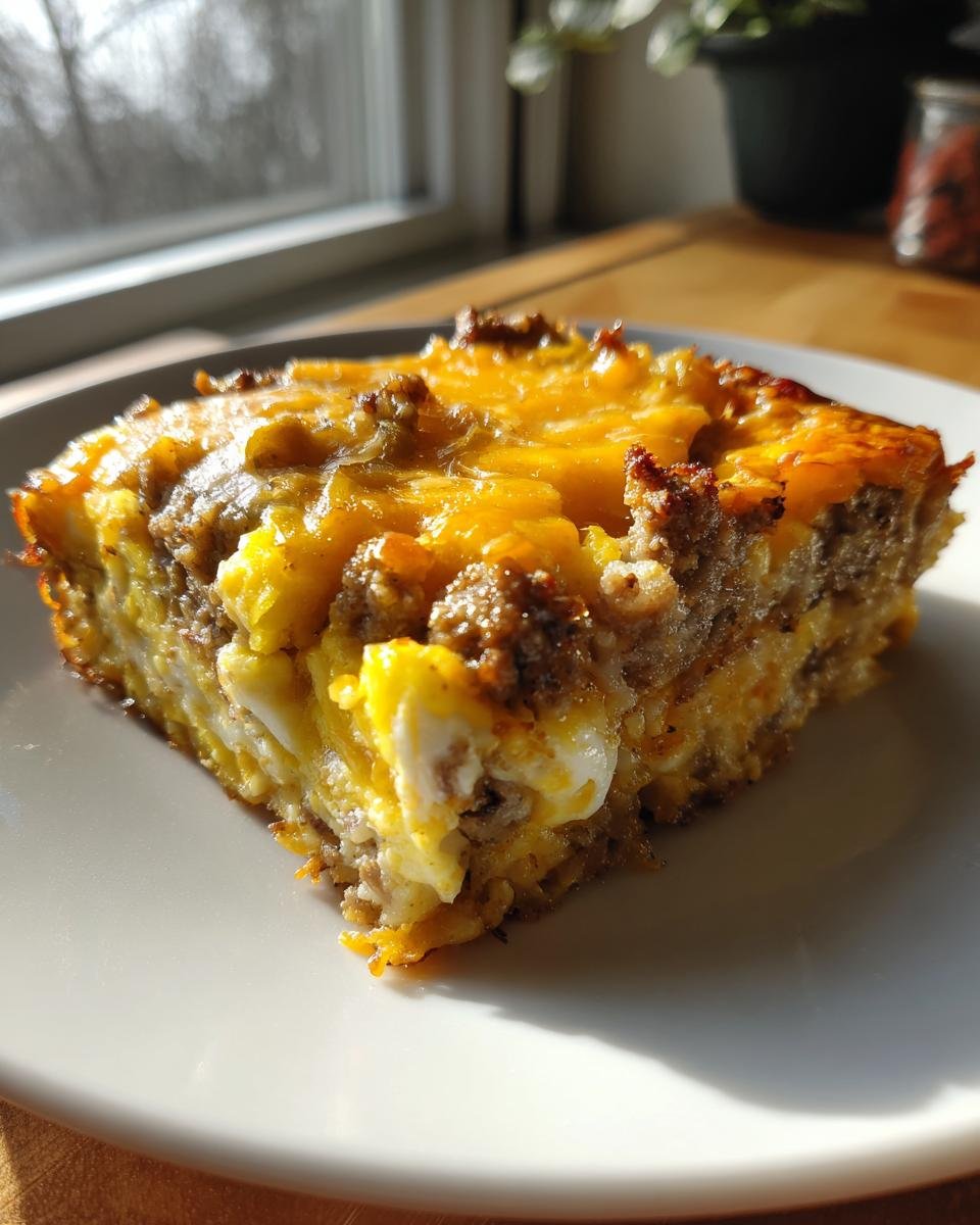A golden slice of Sausage Hashbrown Breakfast Casserole topped with melted cheddar cheese, served on a white plate.