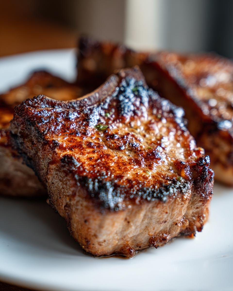 Close-up of a beautifully seared, thick bone-in pork chop, one of several Pork Chop Recipes.