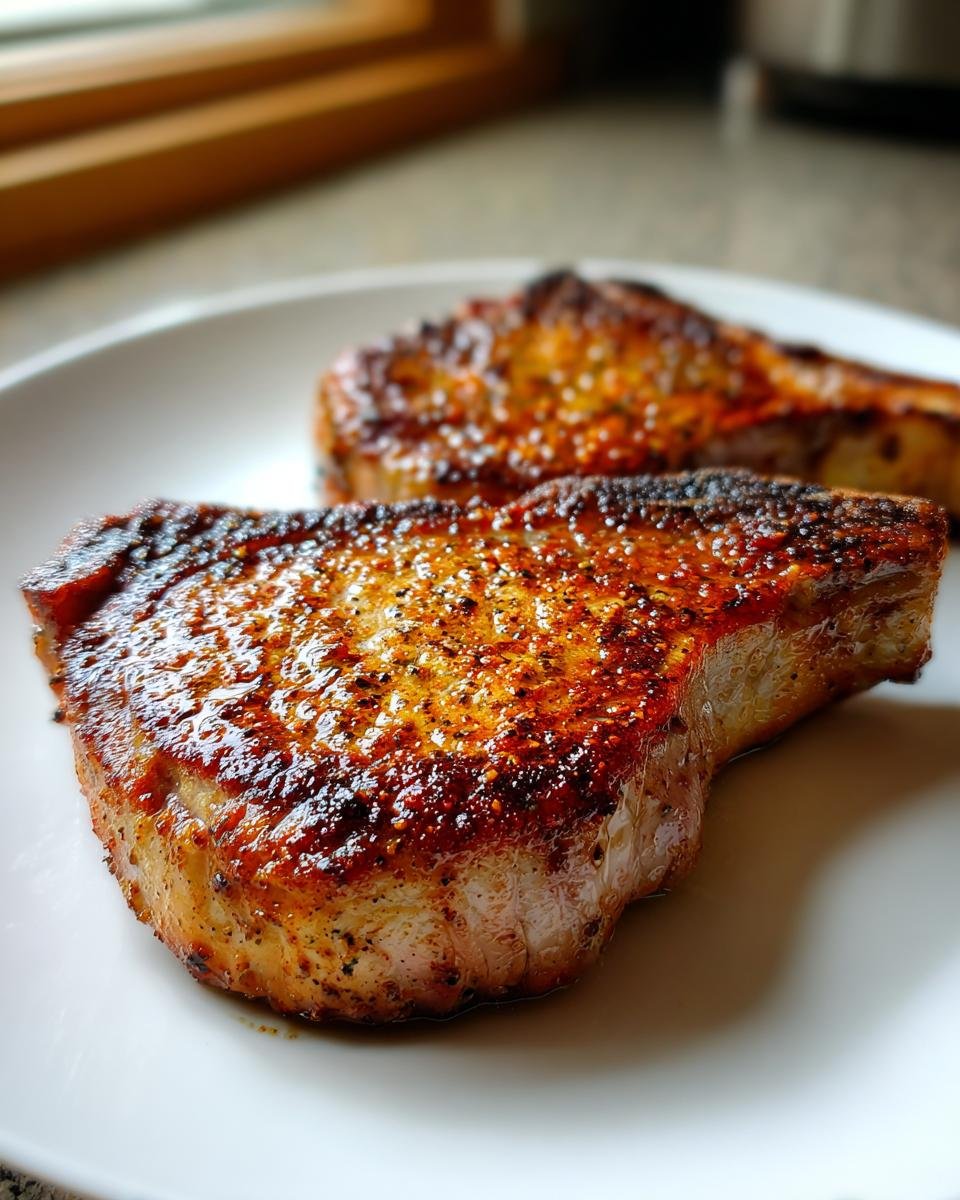 Close-up of two perfectly seared, seasoned pork chops served on a white plate, ideal for Keto Pork Chop Recipes.