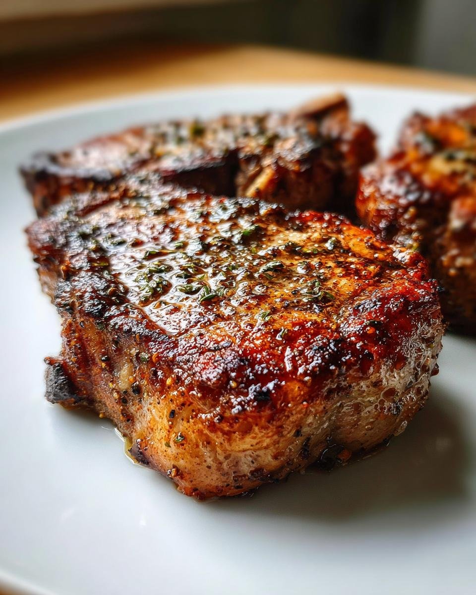 Close-up of a thick, juicy, pan-seared pork chop recipe, glistening with herbs and seasoning.