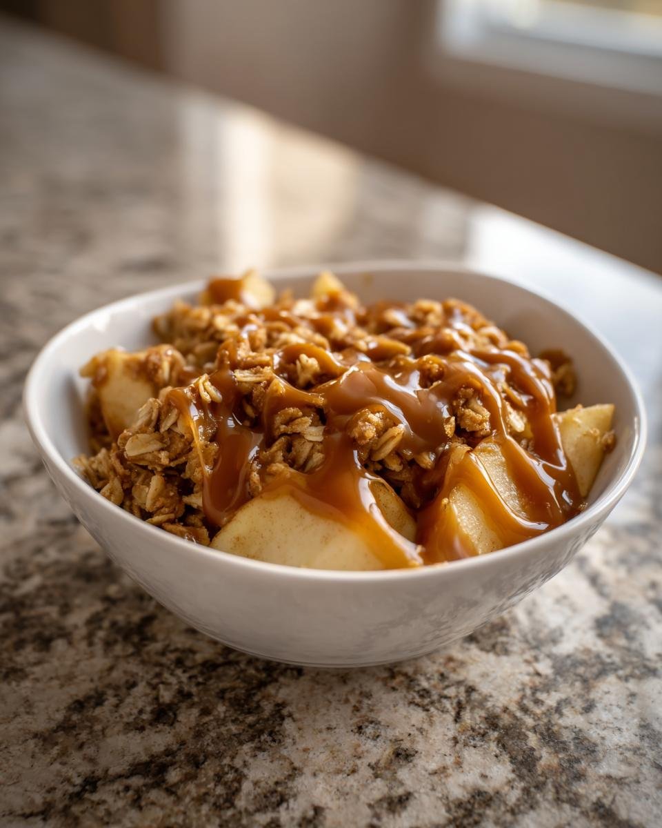 A white bowl filled with Caramel Apple Crisp, featuring apple slices, oat topping, and generous caramel drizzle.