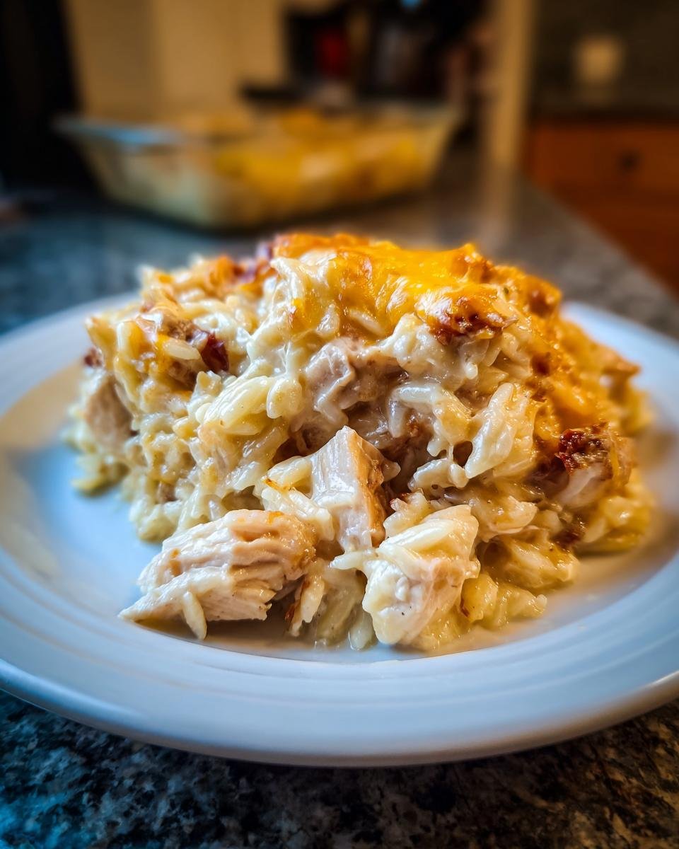 A close-up serving of creamy Cheesy Chicken Orzo topped with golden, melted cheese.