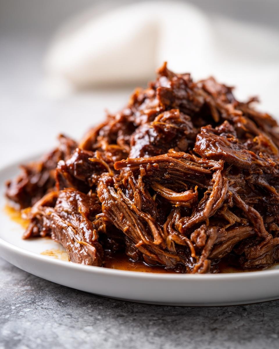 Close-up of tender, shredded Braised Pork Shoulder piled high on a white plate with rich sauce.