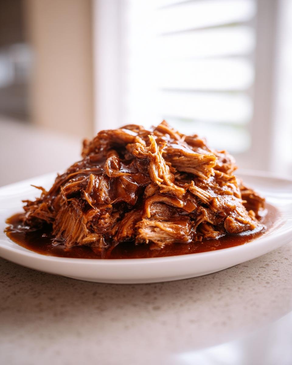 A mound of tender, shredded Braised Pork Shoulder covered in a dark, glossy sauce on a white plate.