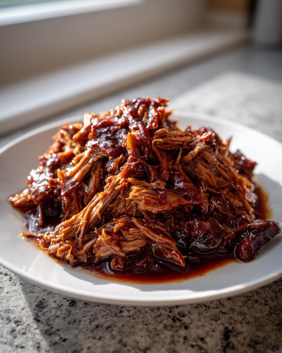 A close-up of tender, shredded Braised Pork Shoulder coated in a rich, dark sauce, served on a white plate.