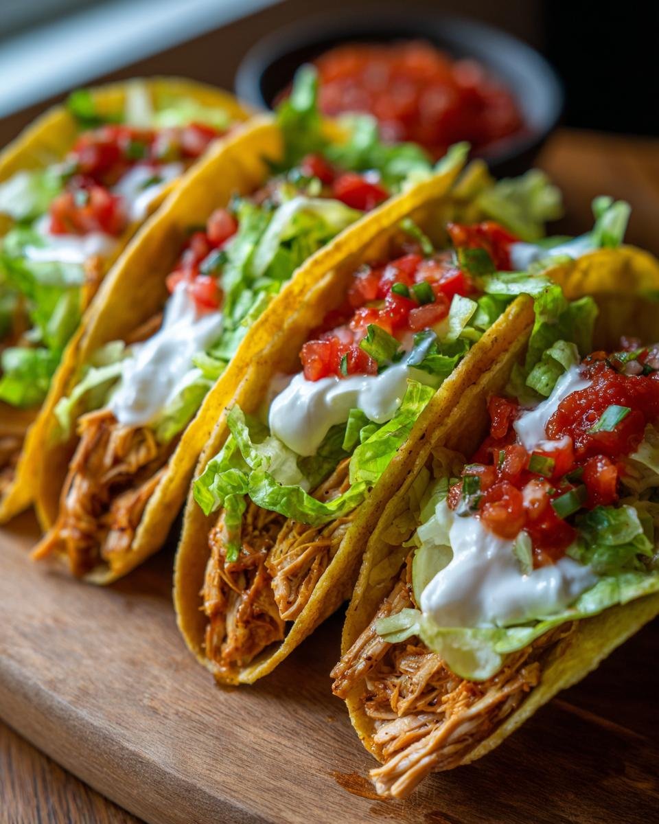 A row of delicious shredded chicken tacos topped with lettuce, sour cream, and salsa, perfect for Street Food Recipes.