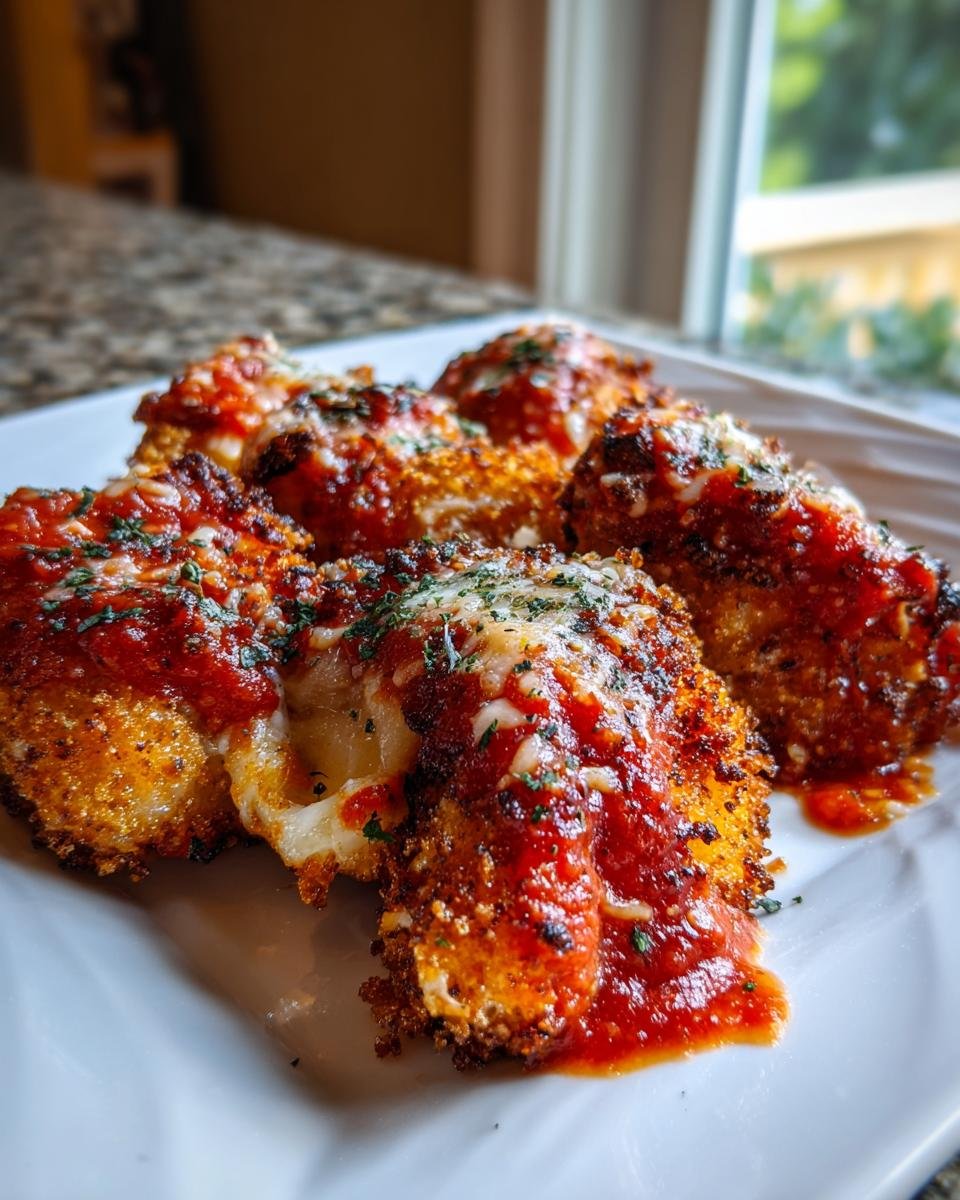Close-up of golden-brown, breaded Shrimp Parmigiana pieces topped with melted mozzarella and marinara sauce.