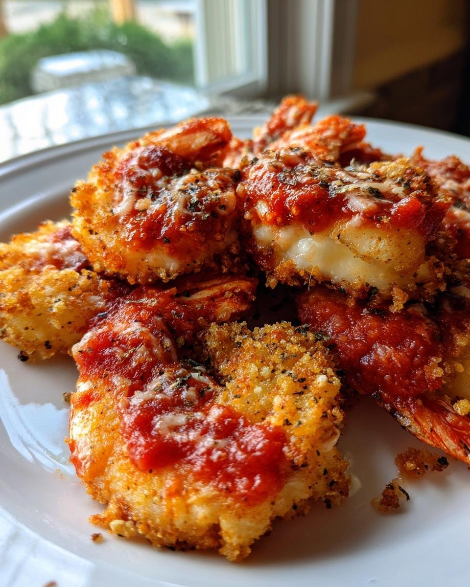 Close-up of golden, breaded shrimp topped with marinara sauce and melted cheese, ready to eat Shrimp Parmigiana.