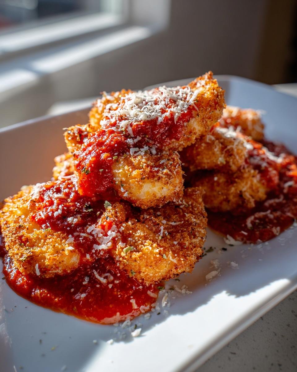 A stack of crispy, golden-brown Shrimp Parmigiana pieces topped with rich marinara sauce and grated Parmesan cheese.