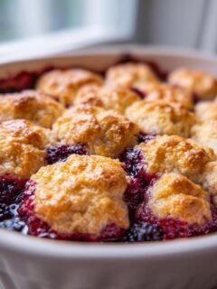 Close-up of a freshly baked Blackberry Cobbler with golden biscuit topping bubbling over dark, juicy blackberries.