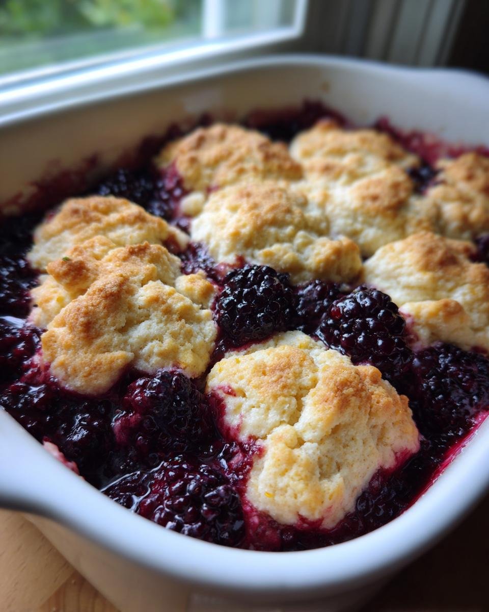 Close-up of bubbling, baked Blackberry Cobbler with golden biscuit topping nestled among dark purple berries.