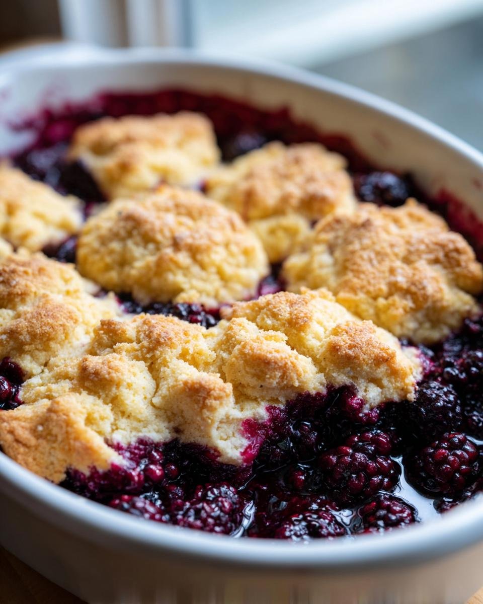 A close-up of bubbling, juicy blackberries topped with golden biscuit dough in a white baking dish, showcasing the simple Blackberry Cobbler.