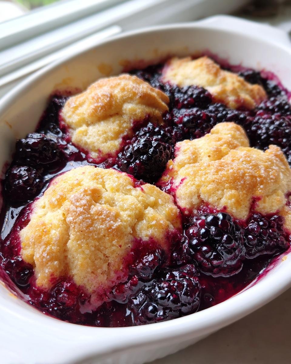 Close-up of warm Blackberry Cobbler with golden biscuits nestled in bubbling dark purple blackberry filling.