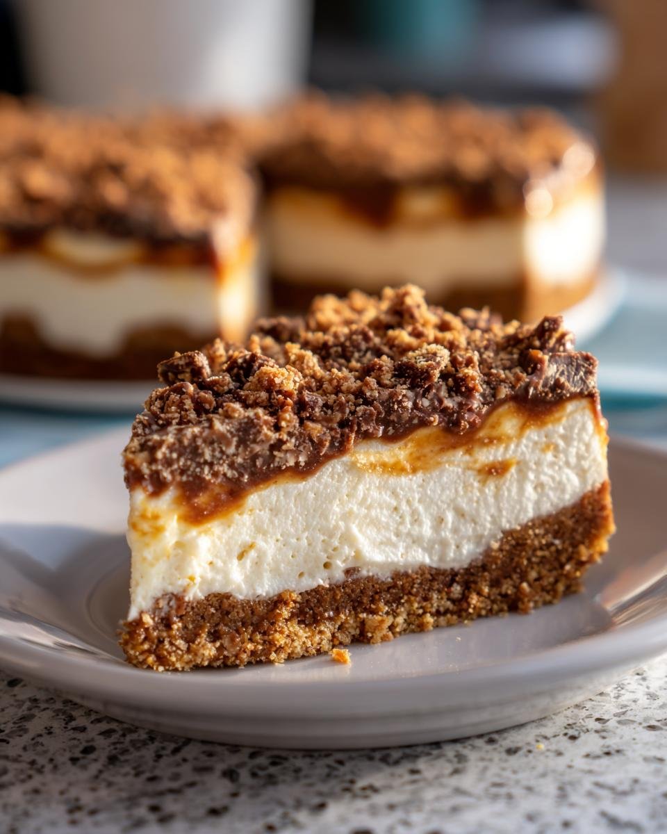 Close-up of a slice of rich Butterfinger Desserts cheesecake with a thick crust and crumbly topping.