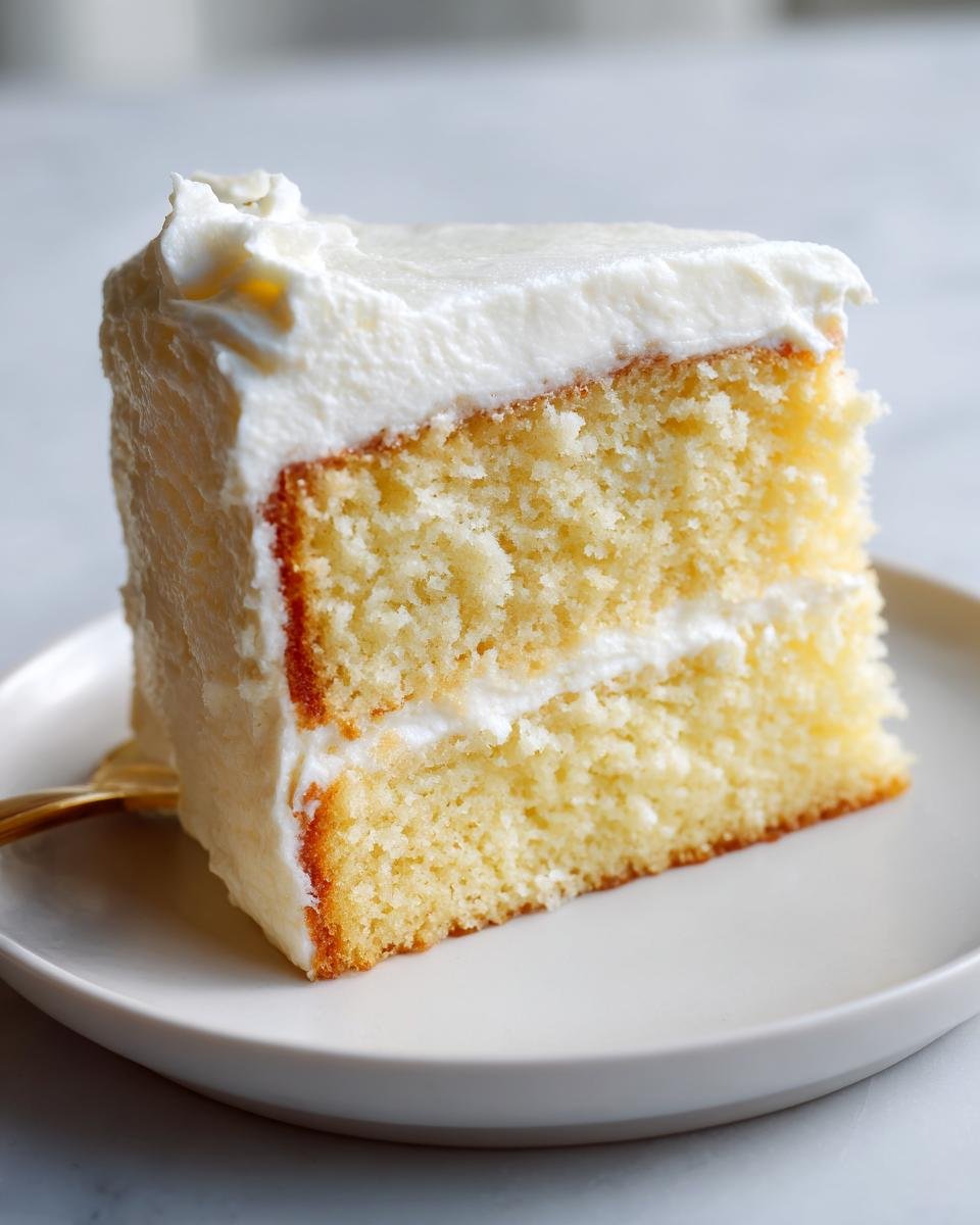 Close-up of a moist slice of vanilla layer cake with thick white frosting, perfect for Mothers Day Cakes.