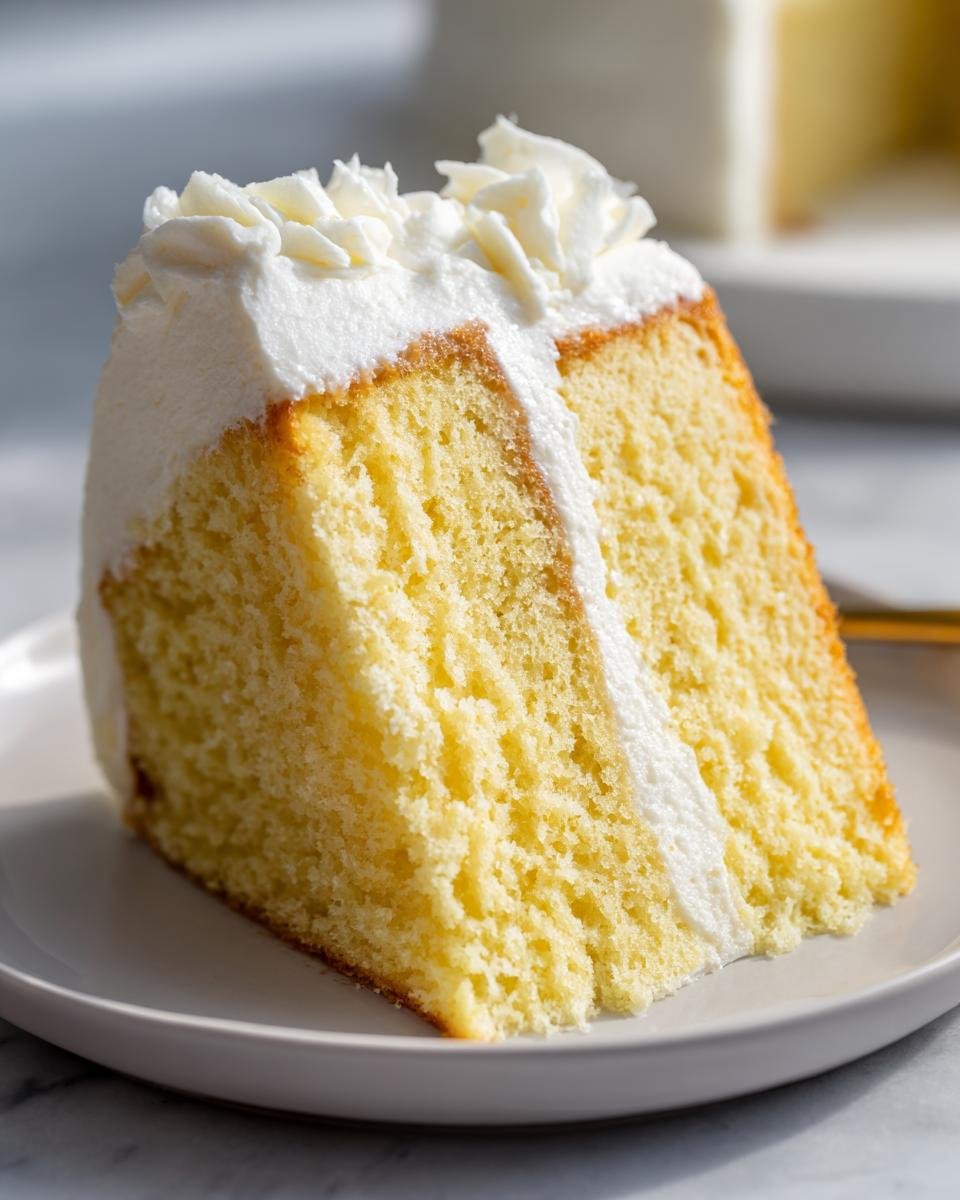 Close-up of a moist slice of yellow sponge cake with thick white frosting, perfect for Mothers Day Cakes.
