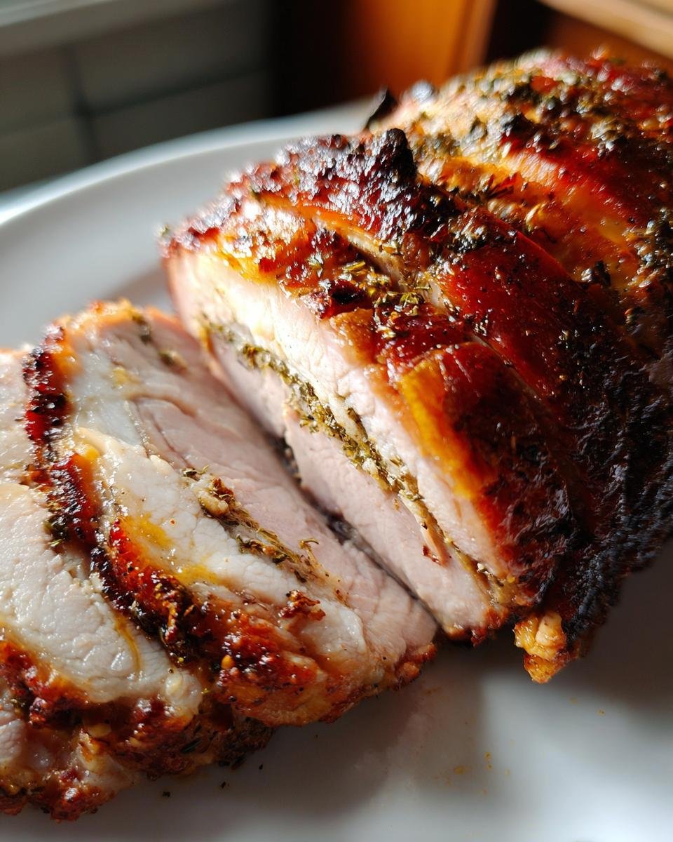 Close-up of sliced Porchetta showing juicy meat, herb stuffing, and a dark, crispy crackling skin.