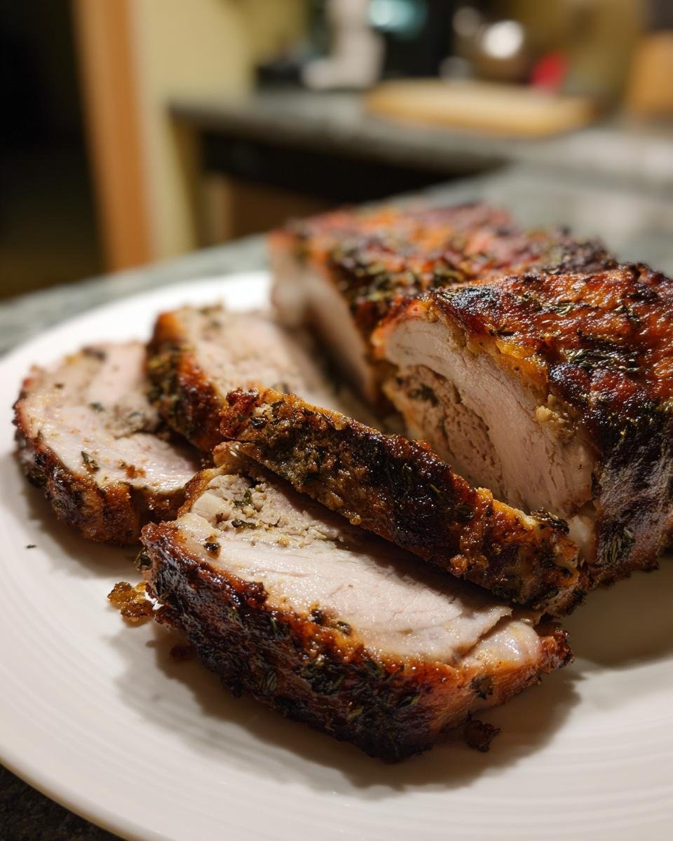 Close-up of sliced Porchetta showing juicy interior and a dark, crispy herb-crusted exterior.