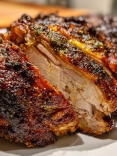 Close-up of sliced Porchetta showing juicy meat and incredibly crispy, dark brown crackling skin.