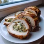 Close-up of several thick slices of Stuffed Pork Loin showing the savory herb and cheese filling.