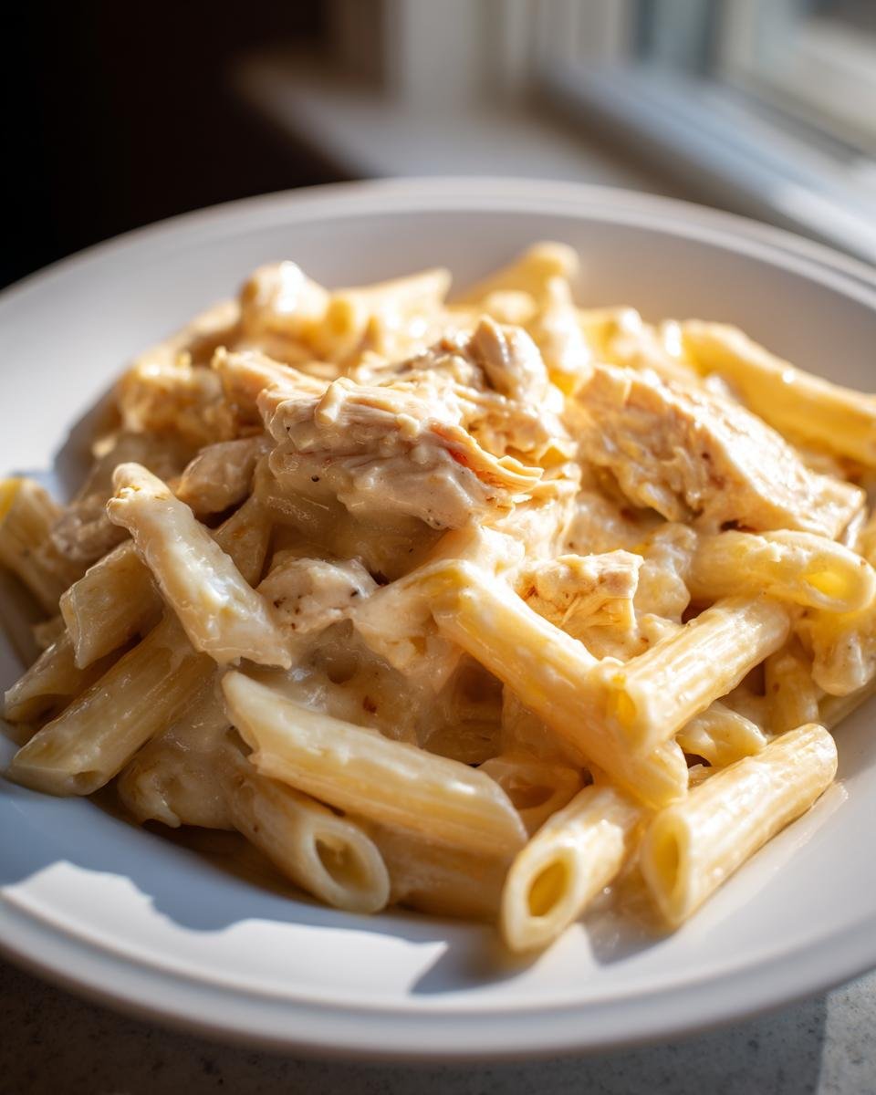 Close-up of a white bowl filled with Slow Cooker Creamy Chicken Pasta featuring penne noodles and shredded chicken in a rich sauce.