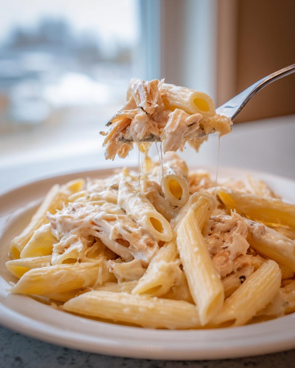 A fork lifts a bite of penne pasta mixed with shredded chicken and creamy sauce from a plate of Slow Cooker Creamy Chicken Pasta.