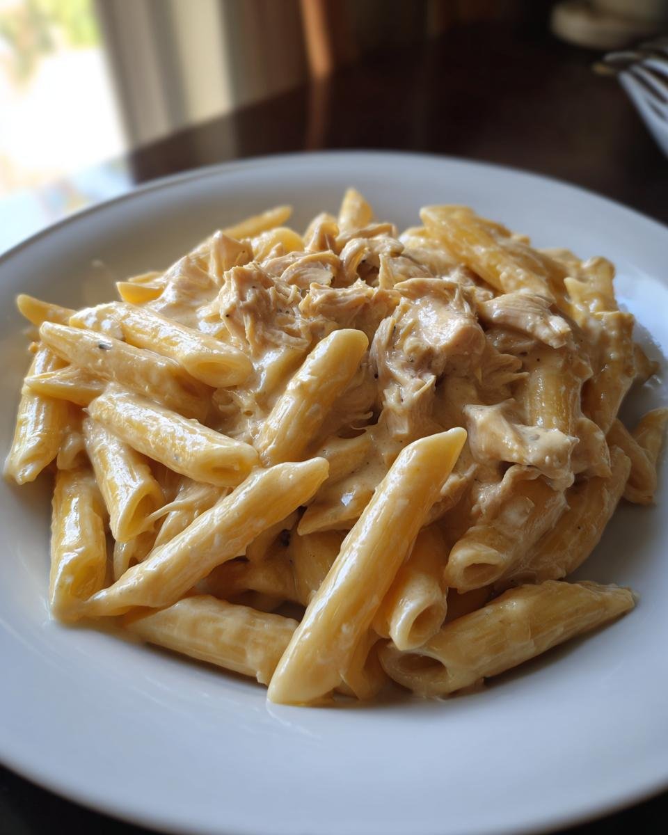 A close-up of a white bowl filled with penne pasta coated in a rich, creamy sauce with shredded chicken, representing Slow Cooker Creamy Chicken Pasta.